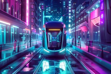 futuristic urban transportation sleek tram and metro in neonlit cyberpunk city digital illustration - obrazy, fototapety, plakaty