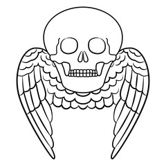 Winged human skull. Dead skeleton head with bird or angel wings. Fantastic design. Flying death. Black and white linear silhouette.