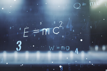 Abstract scientific formula hologram on blurry modern office building background. Multiexposure