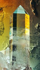 Crystal in a highcontrast, colorful setting of distressed materials, conceptual view, diagonal angle, crisp image,