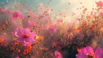Fototapeta na wymiar Brighten up your day with the explosion of pink and orange blooms as the wildflowers put on a dazzling show.