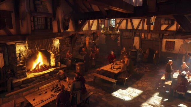 Interior of a tavern set in a fantasy world. Old wooden beams, stone-paved floors, and the warm glow of a fireplace define the space. 