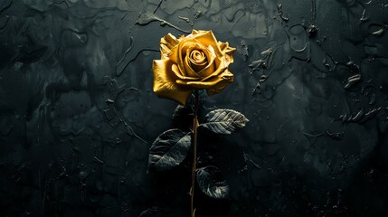 Artistic gold rose concept with vibrant, black distressed setting, strong contrasts, frontal shot, cinematic tone,