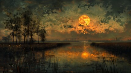 full moon rising lake trees oil sunburst flooded swamp expansive view sun dreamy coronavirus raw theatrical scenery marshes - obrazy, fototapety, plakaty