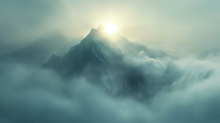
A mountain peak rising above the fog, with the sun breaking through the mist, creating a dramatic and ethereal landscape.