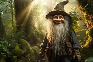Gnome - guardian of the forest looks at the camera smiling. The fairy-tale character is encountered only by the most daring and responsible visitors to the forest. - obrazy, fototapety, plakaty