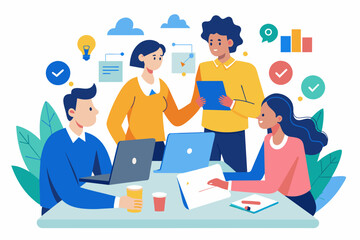 Business Meeting. The team is working on a project and discussing it. Plan. Business Vector illustration.