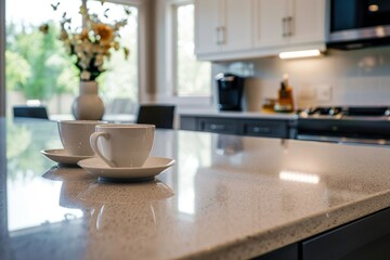 Fototapeta na wymiar Two coffee cups on reflective kitchen countertop.