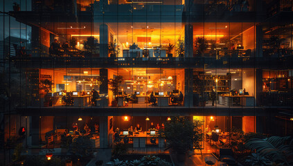 A large multistory building with glass windows and people sitting at tables inside, illuminated by orange lights. Created with Ai - obrazy, fototapety, plakaty