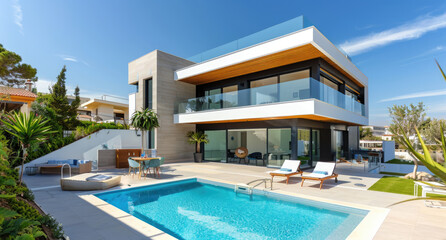 Modern house with a pool and terrace, large windows, white walls, wooden floor, gray concrete surfaces, blue sky in the background, green lawn near the swimming pool