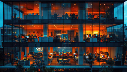 A large multistory building with glass windows, illuminated by orange lights inside and people sitting at tables enjoying their dinner in the open air terrace of an urban square. Created with Ai - obrazy, fototapety, plakaty