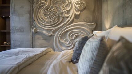 Stepping into a bedroom the eye is drawn to a feature wall adorned with a ly sculpted concrete overlay. The intricately carved design adds a touch of artistry to the room making it . - obrazy, fototapety, plakaty