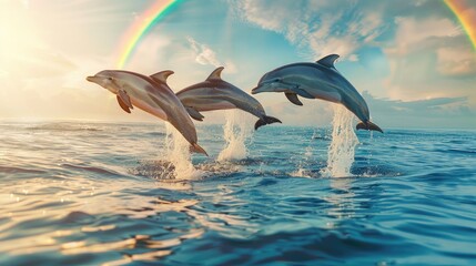 banner background National Dolphin Day theme, and wide copy space, Two dolphins jumping in unison out of the water with a rainbow in the background, for banner,