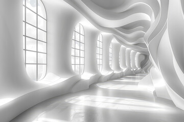 A futuristic hotel room made of white foam, featuring fluid lines and undulating shapes. Created with Ai
