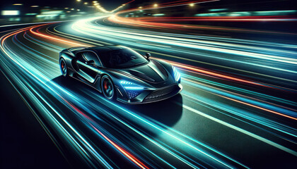 Fototapeta premium high-speed motion, with light streaks trailing behind it, conveying a sense of rapid movement and advanced automotive technology