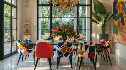 In the dining room a stunning midcentury dining table takes center stage surrounded by brightly colored chairs with geometric patterns. The brass chandelier above adds a touch of glamour .