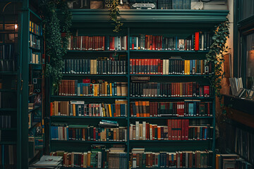 A well-organized bookshelf with books arranged by genre, celebrating World Book Day. - obrazy, fototapety, plakaty