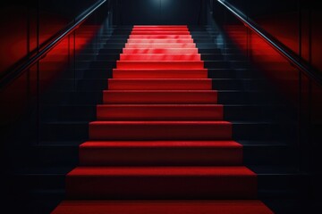 Red carpet on the stairs on a dark background. The path to glory, victory and success.