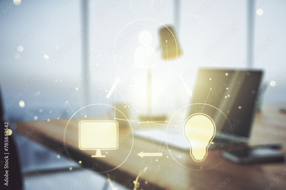 Poster Double exposure of social network icons concept with computer on background. Networking concept