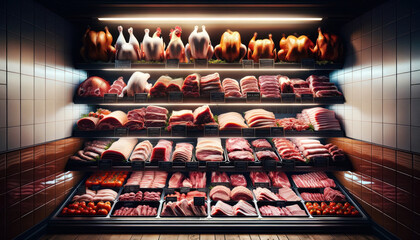 meat display in a butcher's shop, showing a variety of cuts and types of meat. The top shelf includes poultry and whole