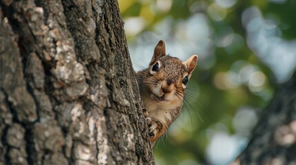 A squirrel peeking out from behind a tree trunk, looking cautious.