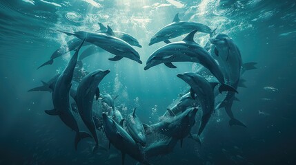 banner background National Dolphin Day theme, and wide copy space, A group of dolphins forming a heart shape with their bodies underwater, 