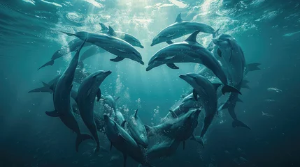 Foto op Plexiglas banner background National Dolphin Day theme, and wide copy space, A group of dolphins forming a heart shape with their bodies underwater,  © AliaWindi