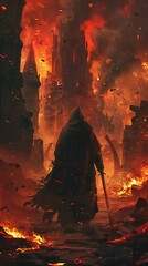 man hooded cloak walking city wrath flame ruin novel cover hell background crumbling ruins overlord assassin post red banners doomed - obrazy, fototapety, plakaty
