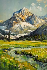 mountain river foreground sunny snow field green yellow color park page princess grass
