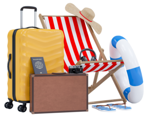Summer holiday with Luggage, beach chairs, umbrella, camera and beach accessories. Summer vacation concept for travel agency advertise sale or represent. 3d rendering