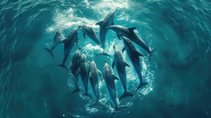 banner background National Dolphin Day theme, and wide copy space, A group of dolphins forming a heart shape with their bodies underwater,