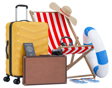 Summer holiday with Luggage, beach chairs, umbrella, camera and beach accessories. Summer vacation concept for travel agency advertise sale or represent. 3d rendering