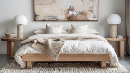 In the bedroom a low platform bed is dressed with crisp white bedding and topped with a neutraltoned knitted throw. Two bedside tables made of light wood flank the bed and hold simple .