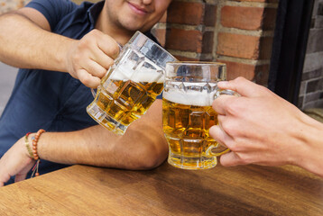 Two men are raising their beer mugs in a toast