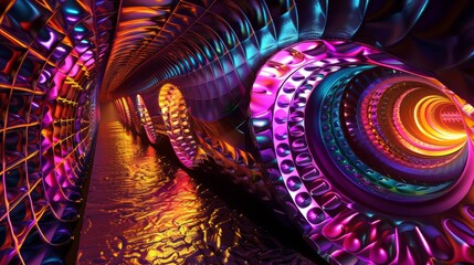 3d render of a futuristic tunnel with glowing neon lights