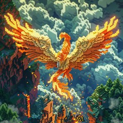 Fototapeta na wymiar A phoenix made of voxels flies over a city made of voxels.