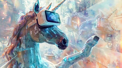 A unicorn wearing a virtual reality headset stands in a colorful dreamscape.