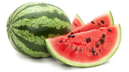 A whole watermelon with a slice cut out, revealing the red interior and black seeds.