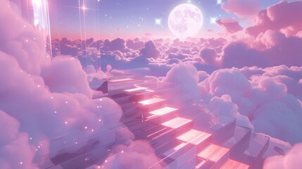 Shimmering transparent platforms seem to defy gravity as they float amidst a sea of pink clouds and sparkling stars inviting you to . .