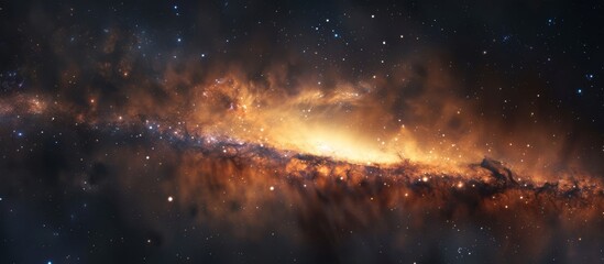 Vibrant galaxy displaying a luminous orange core surrounded by a multitude of stars in the night sky