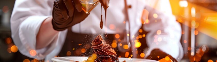A chef in a cybernetic kitchen suit artistically drizzling chocolate over a levitating dessert, against a backdrop of digital flavor clouds, close up - obrazy, fototapety, plakaty