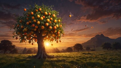 A fantasy illustration of a magical fruit tree at sunset, bearing fruits that glow and sparkle, with fairies fluttering around Generative AI