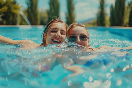 joyful girls enjoying summer fun and relaxation in refreshing swimming pool lifestyle photography