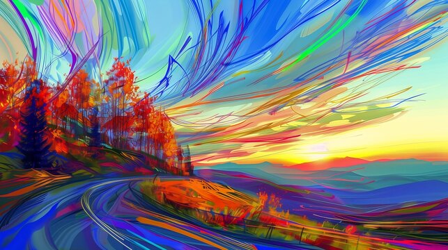 landscape winding road trees mind bending sunrise light wind swirling flows energy color background large diagonal brush strokes flowing rhythms lots