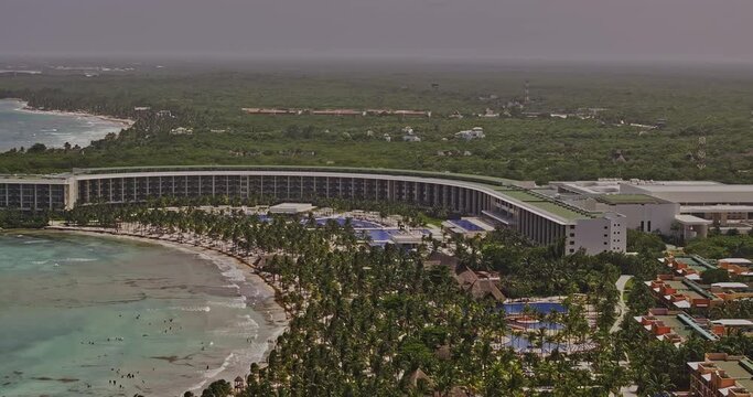 Puerto Aventuras Mexico Aerial v6 zoomed shot, drone flyover seafront resort hotel with beautiful sandy beach and expansive ocean views - Shot with Mavic 3 Pro Cine - July 2023