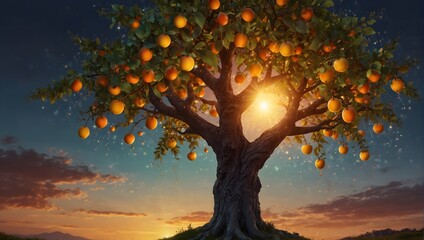 A fantasy illustration of a magical fruit tree at sunset, bearing fruits that glow and sparkle, with fairies fluttering around Generative AI