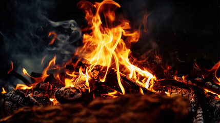 Logs are burning in the fire. orange hot flame