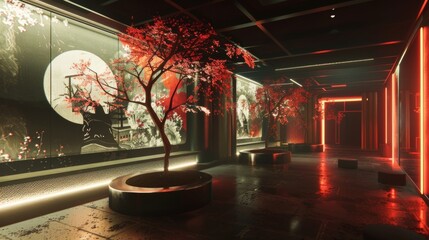 A striking glimpse into the future this dojo features a dynamic fusion of Japanese minimalism and tingedge virtual reality. The walls . . - obrazy, fototapety, plakaty