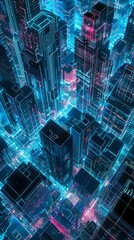Birdseye view of a conceptual city, neon grids against dark zones, futuristic architecture, nighttime,