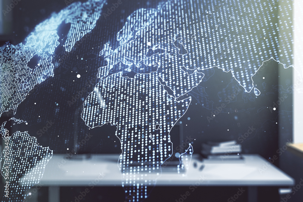 Leinwandbilder multi exposure of abstract graphic world map and modern desktop with pc on background, big data and 